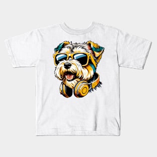 Dandie Dinmont Terrier Smiling DJ with Headphones and Sunglasses Kids T-Shirt